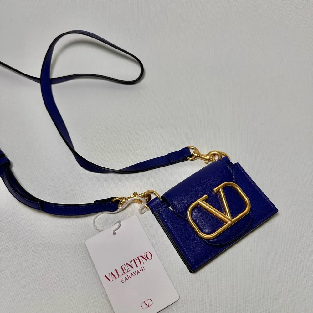 VALENTINO GARAVANI Men's V-logo Leather Card Case in Blue Royal